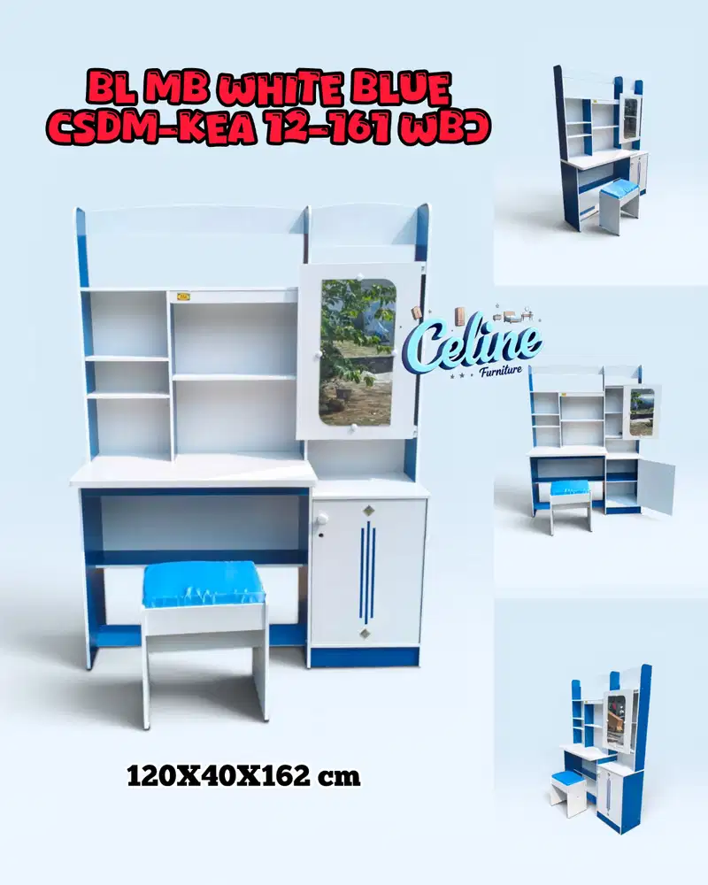 MEJA BELAJAR ANAK PUTIH BIRU + cermin