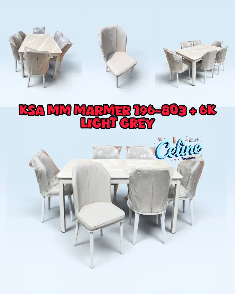 Meja makan 6 Kursi Marmer Mewah Light grey