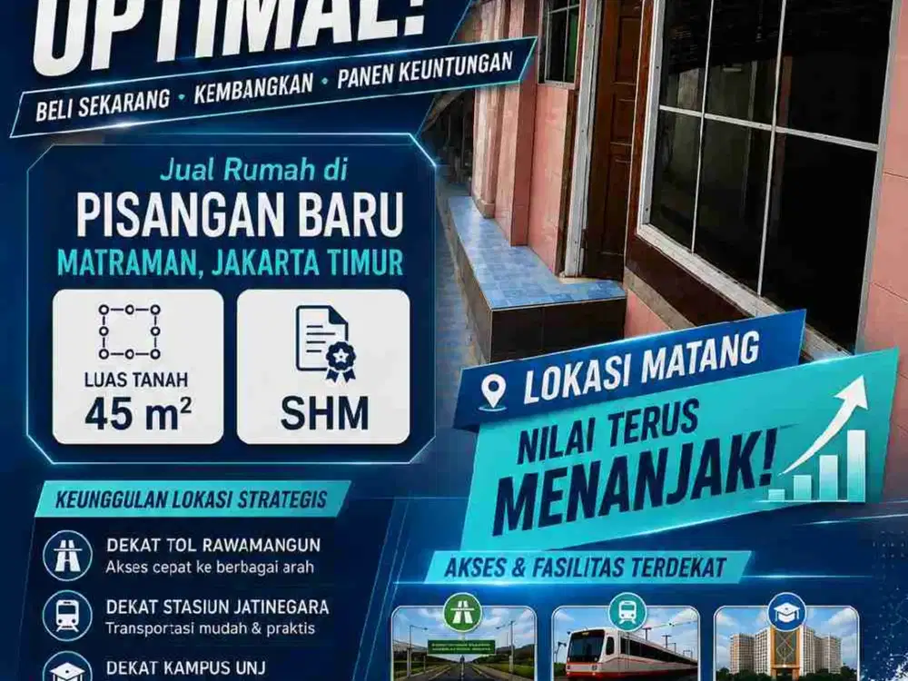 Rumah Dijual di Pisangan Baru Matraman Jakarta Timur- Mepet Utan Kayu | Lokasi Strategis Dekat Tol Rawamangun, Stasiun Jatinegara, UNJ, Terminal, Busway & Pusat Bisnis