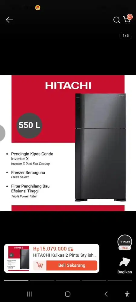 For sale  Kulkas Hitachi R-VG70PGD7 GBK 550 L Glass 2 Door RVG70PGD7