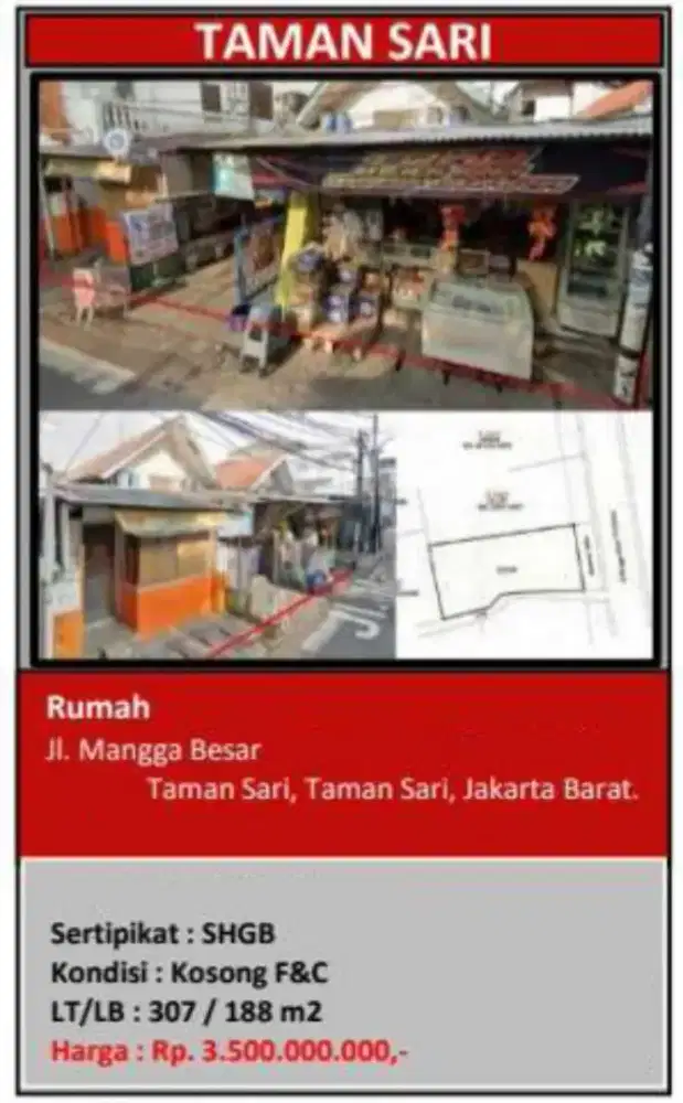 Dijual Rumah Tua Hitung Tanah Mangga Besar Taman Sari
