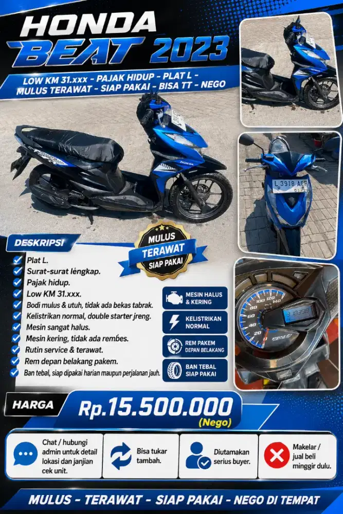 HONDA BEAT 2023 LOW KM 31.xxx-PAJAK HIDUP-PLAT L-MULUS-BISA TT-NEGO