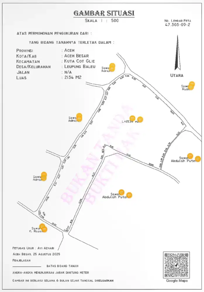Dijual Tanah Sawah Luas 2.134 M