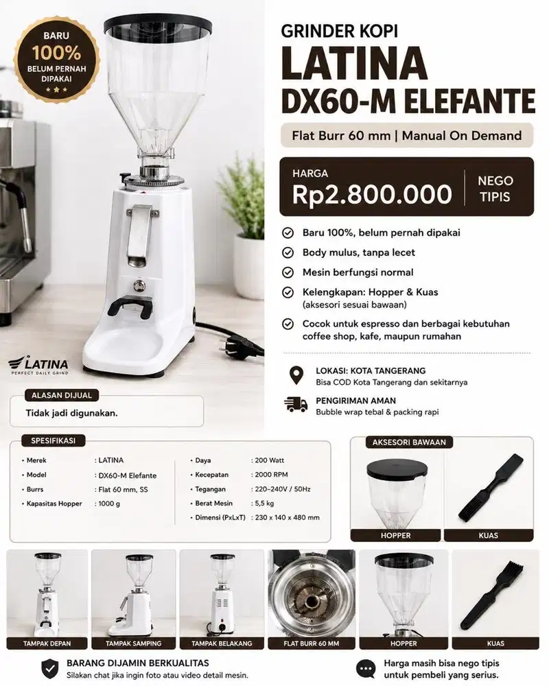 Grinder kopi Latina DX60-M Elefente baru 100% Flat burrs 60mm