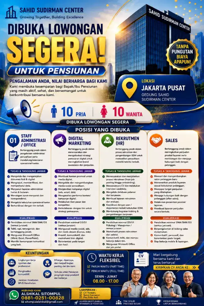 Dibutuhkan Lowongan pensiunan Staff administrasi Full Time