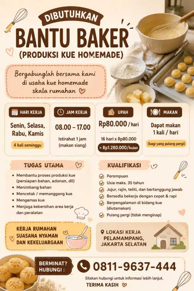 Lowongan Bantu Baker membuat kue