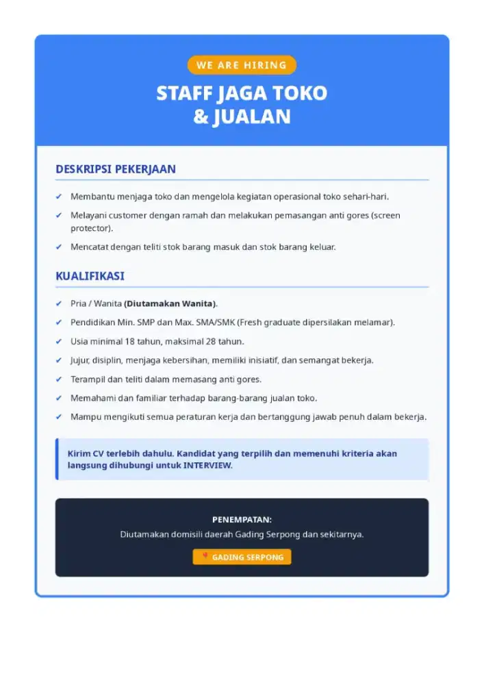 Dibutuhkan penjaga toko