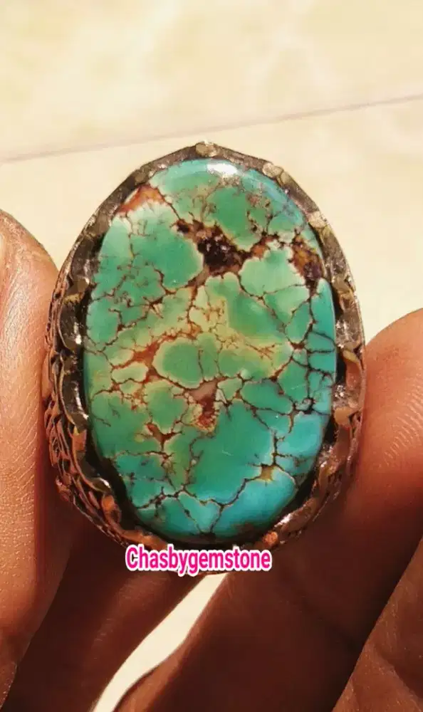 Cincin Batu Pirus Persia biru fancy gradasi-Pirus Persia serat jala