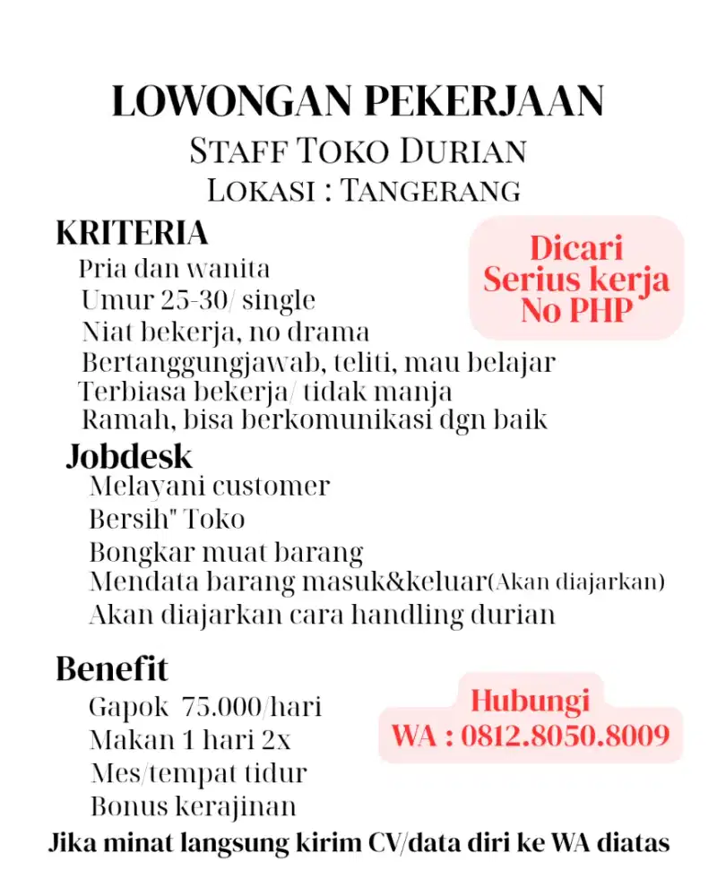 URGENT, DICARI YG MINAT/MAU KERJA!