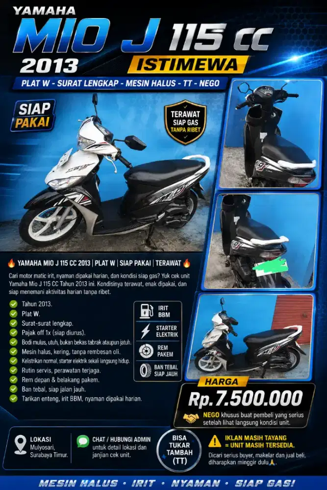 YAMAHA MIO J 115 CC 2013 - PLAT W - SURAT LENGKAP - TT - NEGO