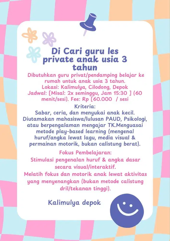 Di cari guru les anak usia 3 tahun