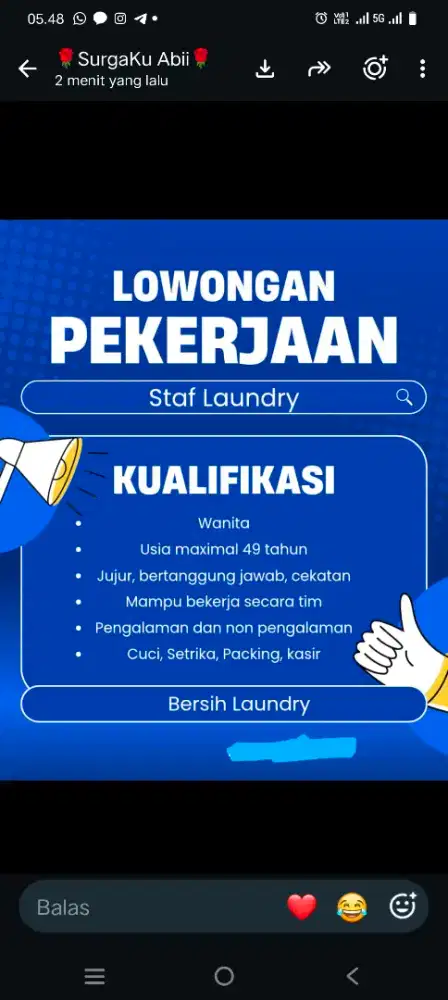 Dibutuhkan Karyawati Laundry