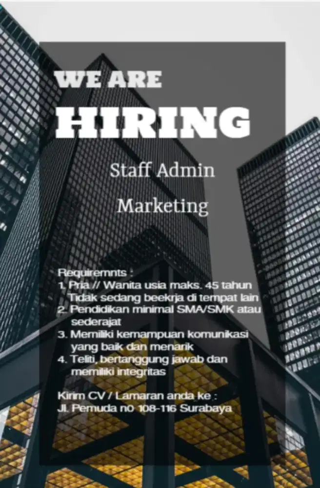Dibutuhkan segera karyawan untuk Kantor Cabang Surabaya