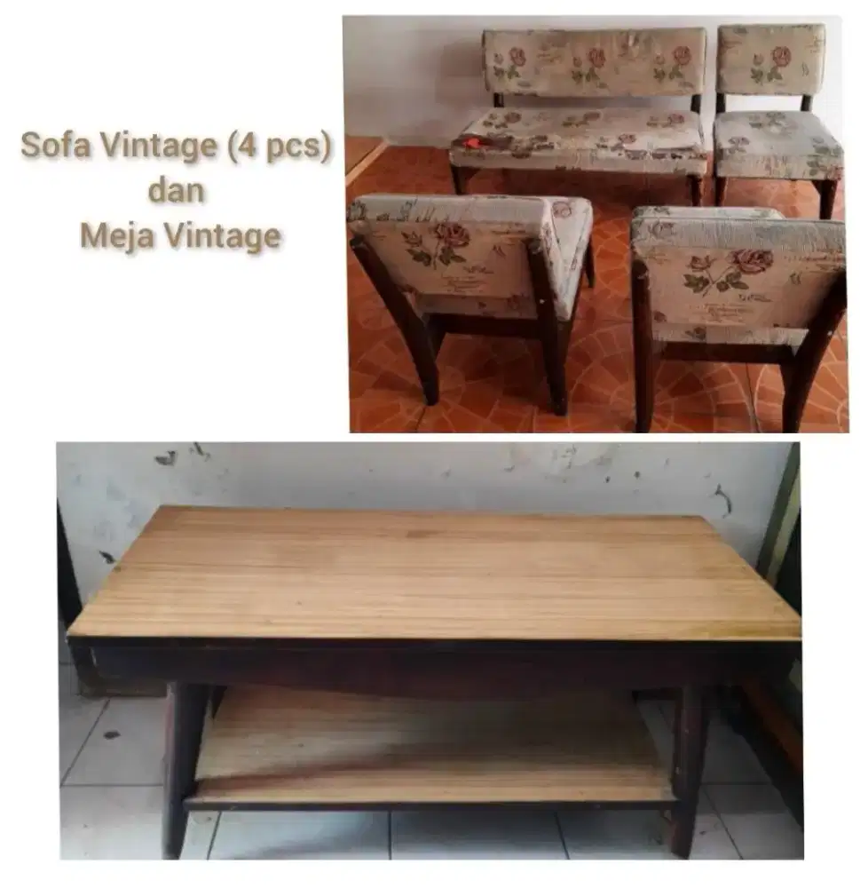Sofa/ Kursi Vintage (4 pcs) & Meja Vintage Bonus Kursi Rotan