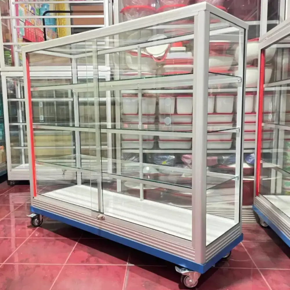 Etalase Ukuran 1,2Mx1M Pakai Roda Kaca Full 5mm