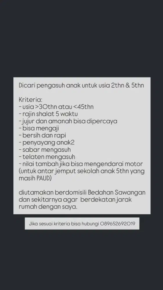 Dicari pengasuh anak