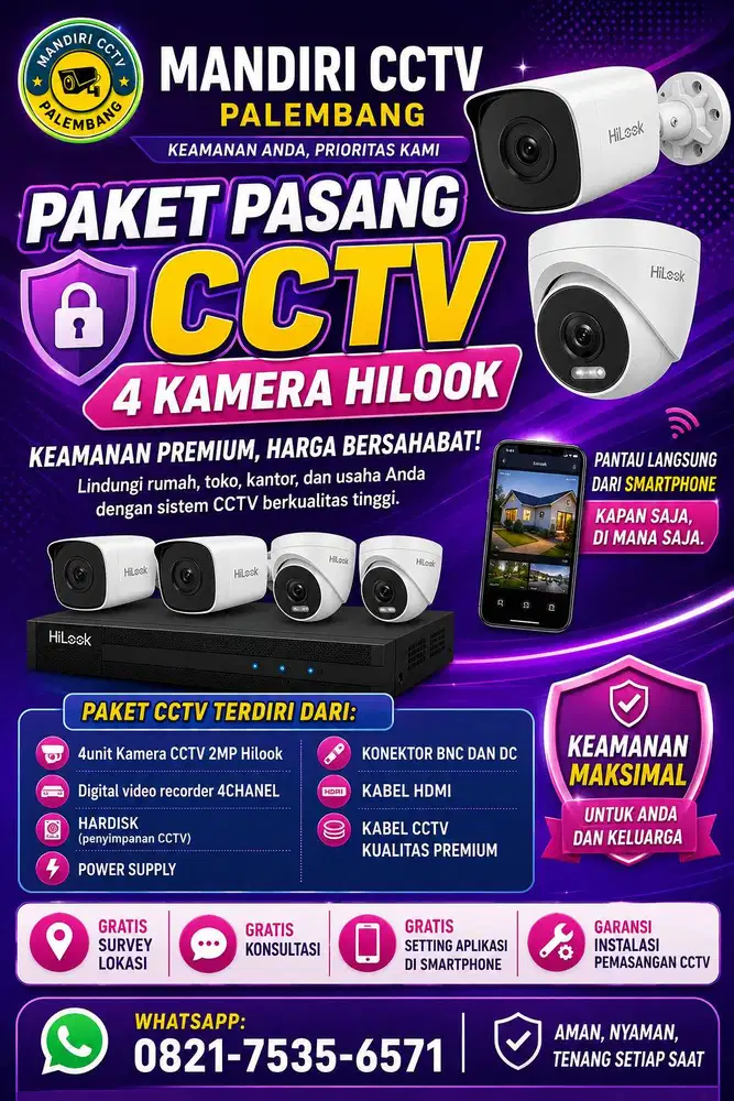 Paket Pasang CCTV Hilook 2MP 4 Kamera Gratis biaya pasang