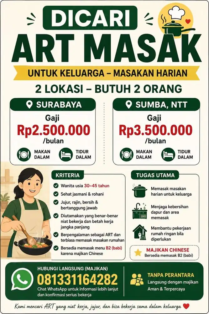 DIBUTUHKAN CEPAT DAN SEGERA ART MASAK 2 LOKASI SURABAYA DAN NTT