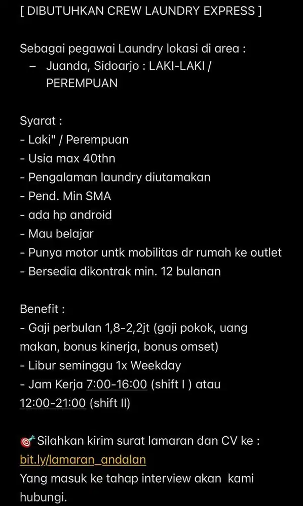 Dibutuhkan pegawai laundry express