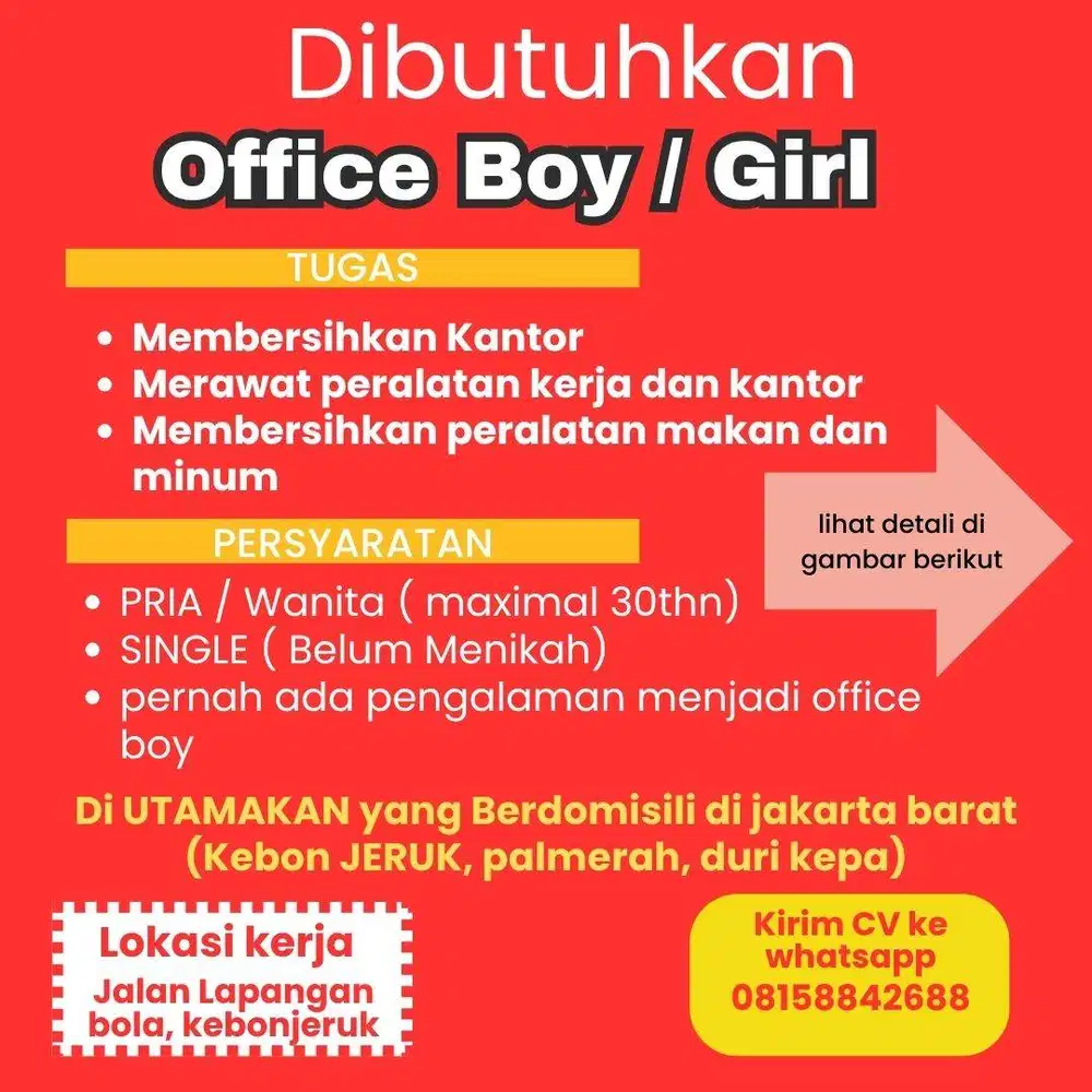 Dibutuhkan office boy. Lokasi kebon jeruk jakbar