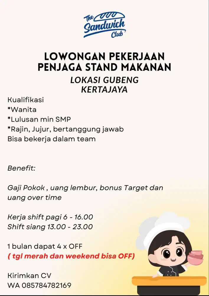 BUTUH KARYAWATI JAGA RESTO SANDWICH Area GUBENG