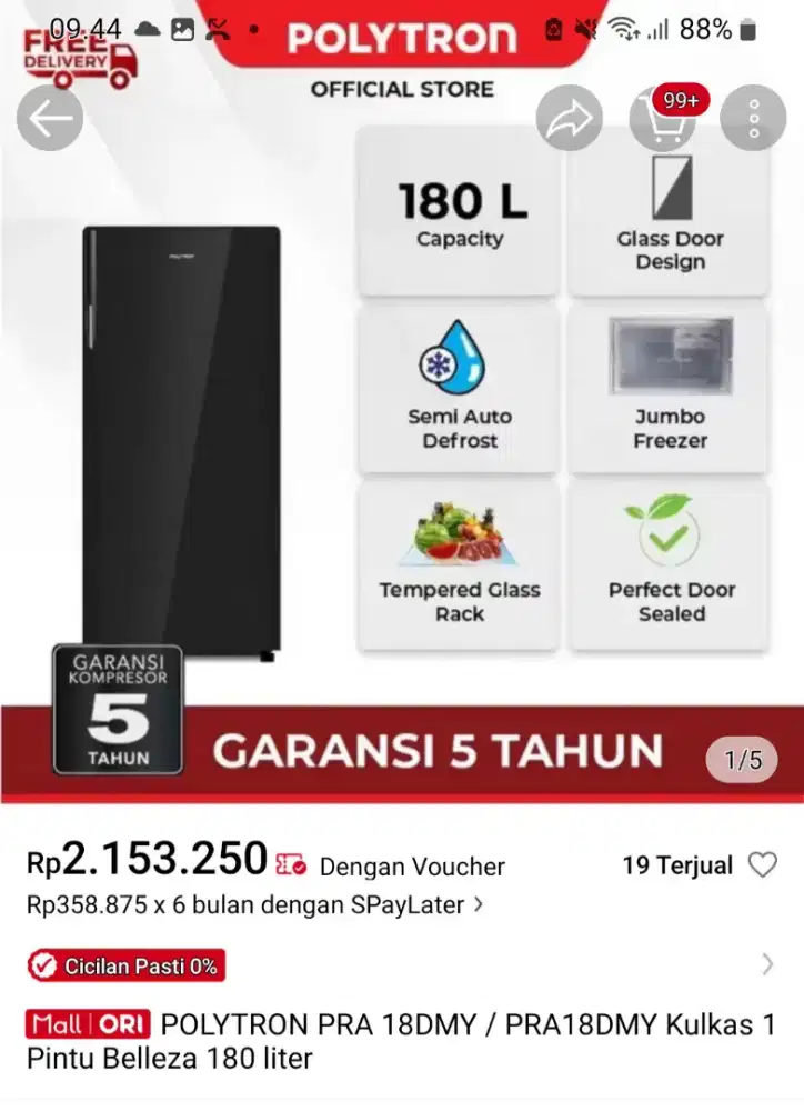 Kulkas Polytron 1 Pintu PRA 18 182 Liter