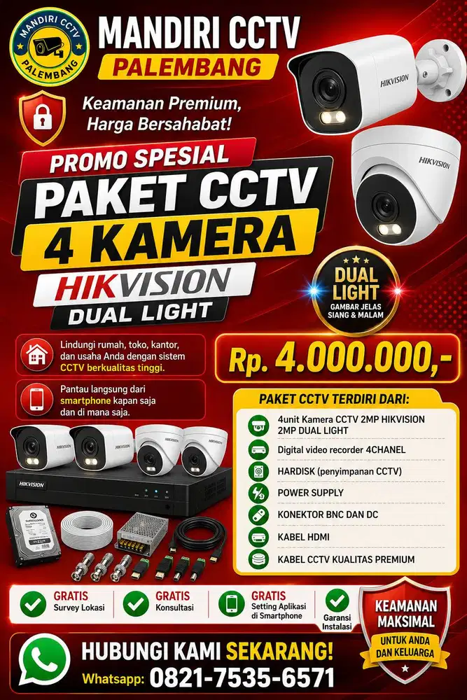 Paket Pasang CCTV Hikvision Dual Ligh 2MP 4 Kamera Gratis biaya pasang