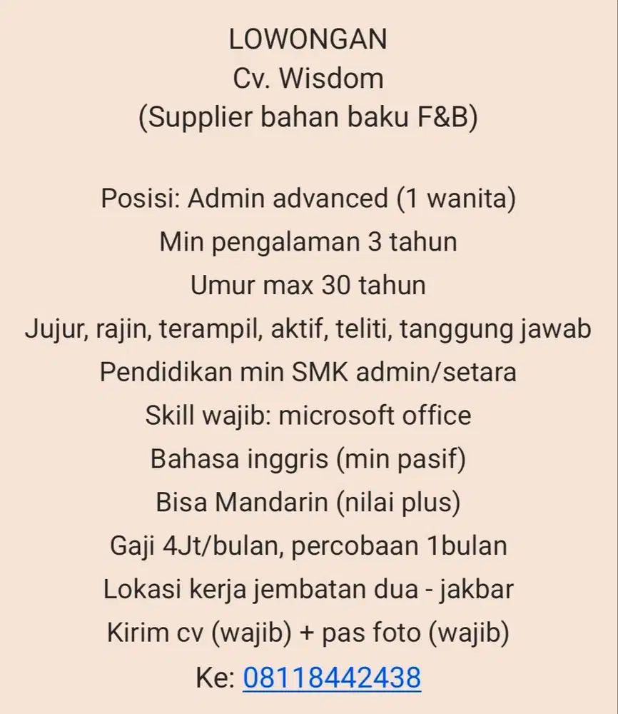Admin berpengalaman 3 Tahun ( wanita )