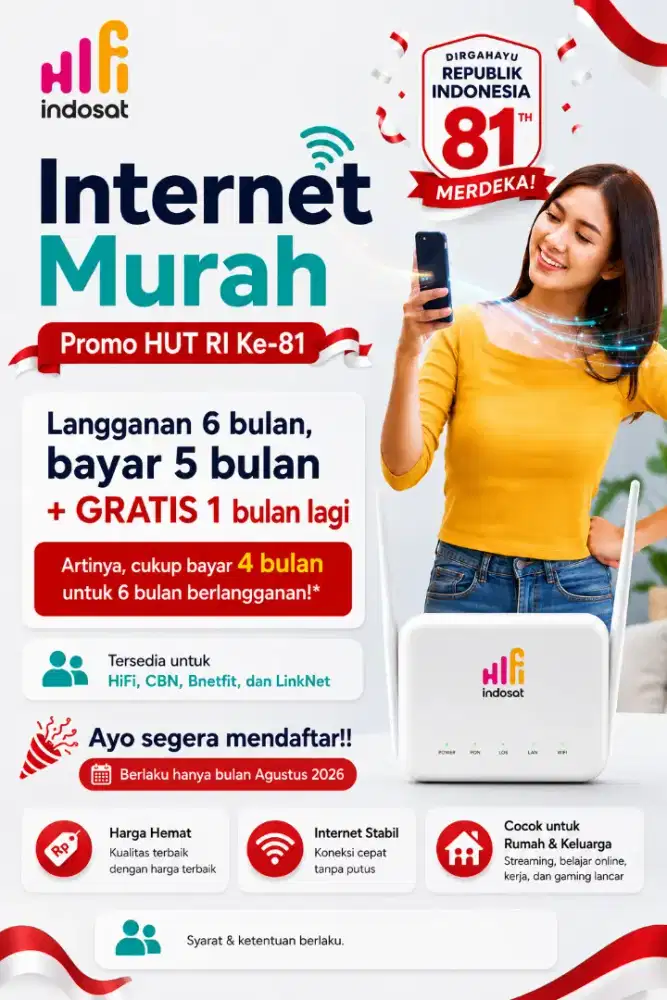 Internet wifi murah, langganan 6 bln hanya bayar 4 bln.