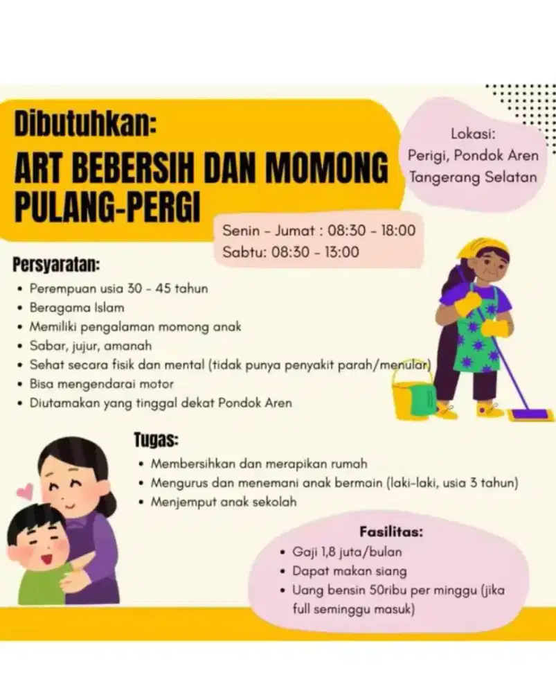 Dicari ART plus Momong Anak Pulang Pergi Parigi Tangsel