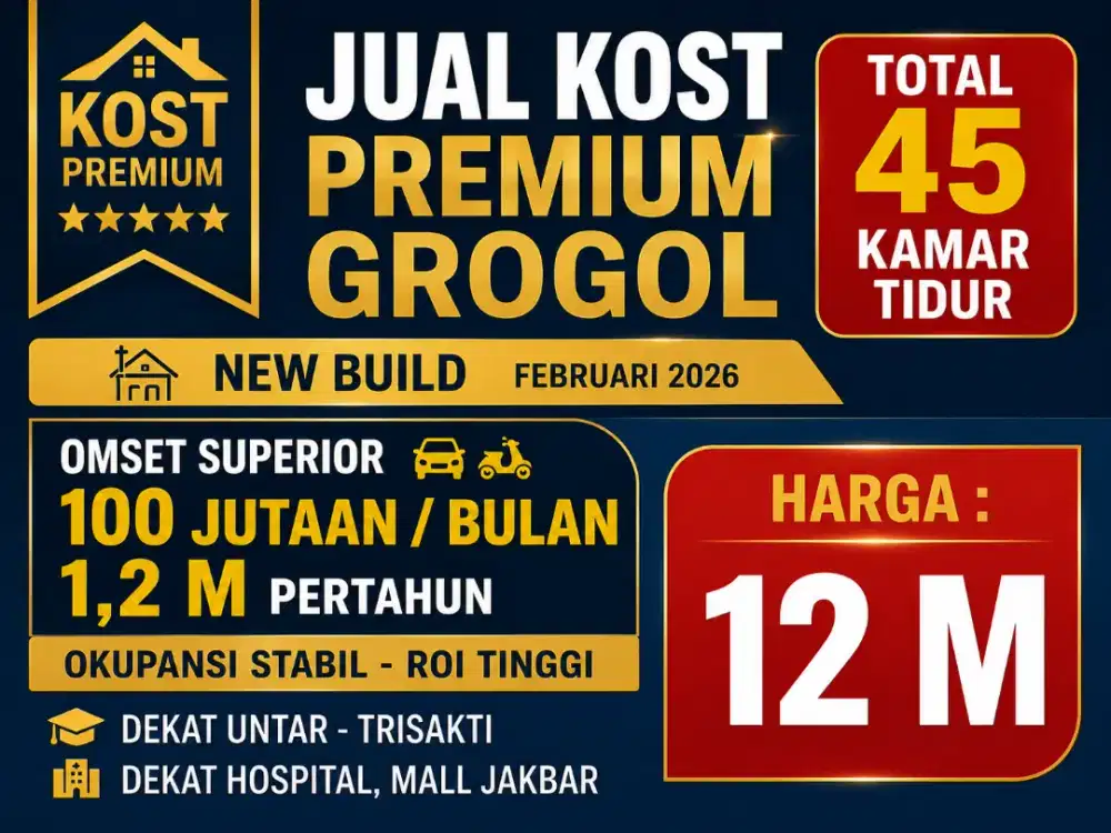 JUAL KOST KOSAN PREMIUM NEW BUILD 45 KAMAR DI GROGOL JAKARTA BARAT