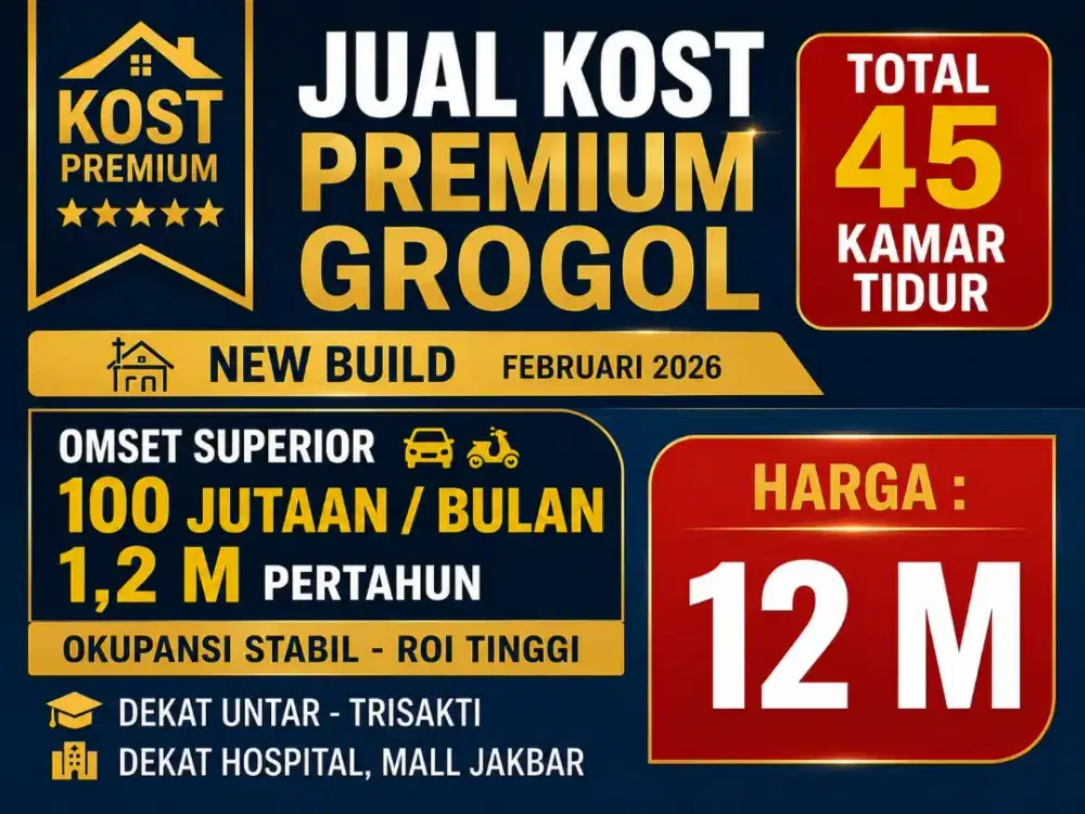 JUAL KOST KOSAN PREMIUM NEW BUILD 45 KAMAR DI GROGOL JAKARTA BARAT