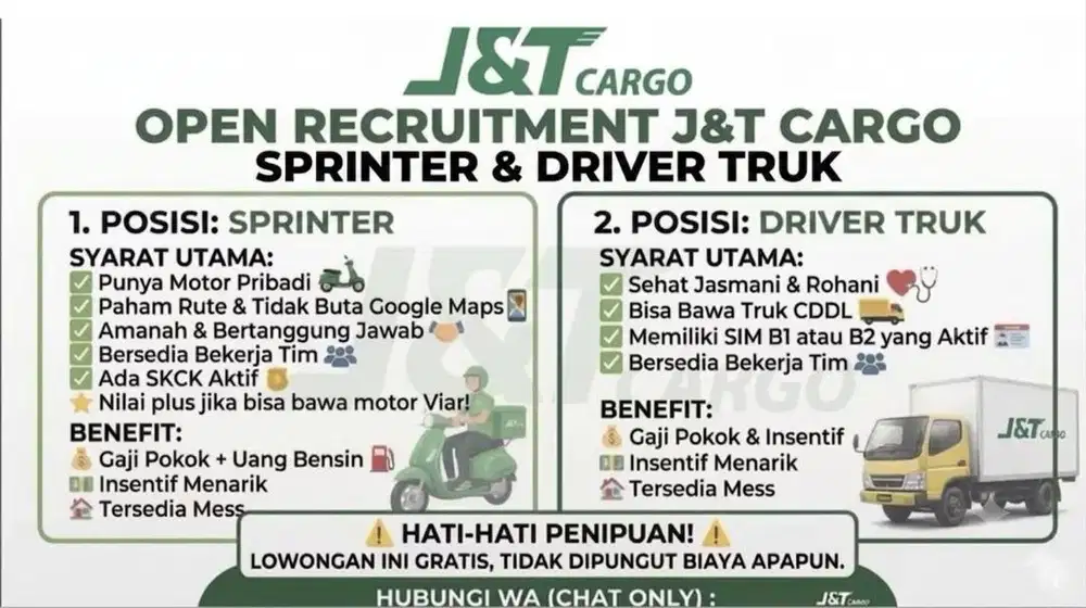 Dicari Driver pickup dan Sprinter Deliv JNT Cargo