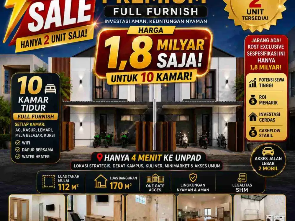 Rumah kost 10 kamar tidur one gate full furnish SHM ring 1 unpad itb ipdn sisa 2 unit
