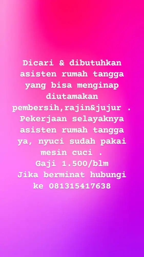 Dicari asisten rumah tangga