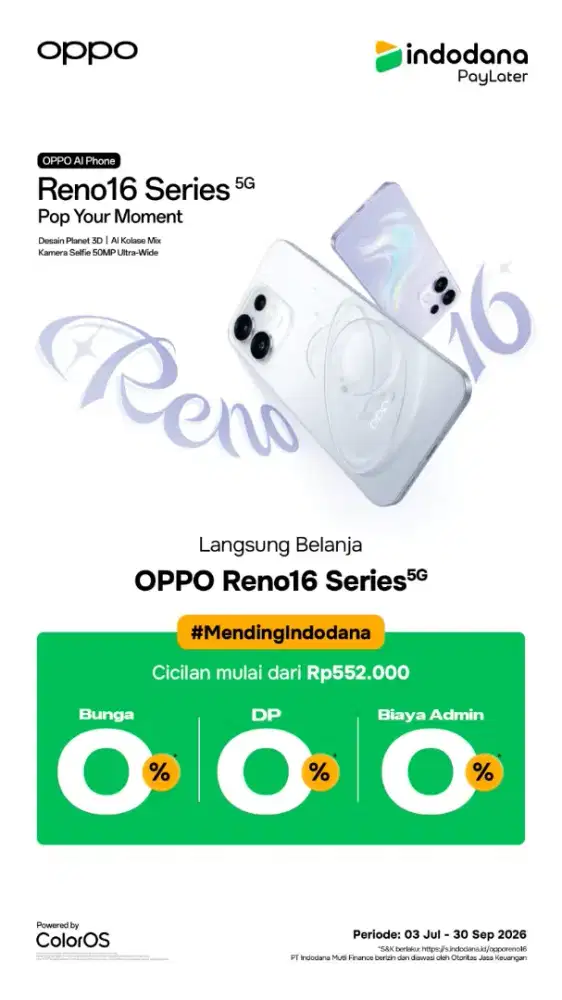 Oppo reno 16. Bisa kredit by indodana finance