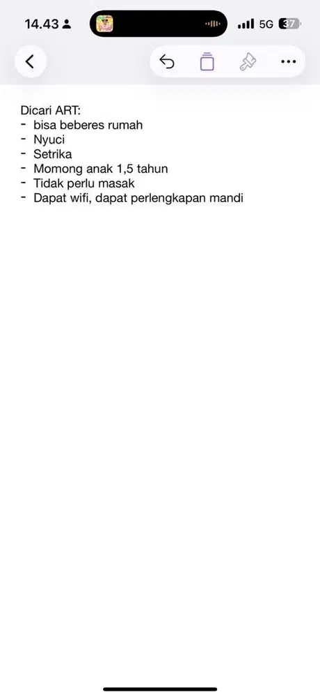 Dicari ART di daerah cinere, depok