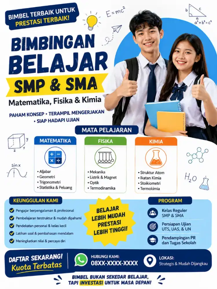 Bimbingan Belajar untuk SMP/SMA, mapel, matematika, fisika dan kimia