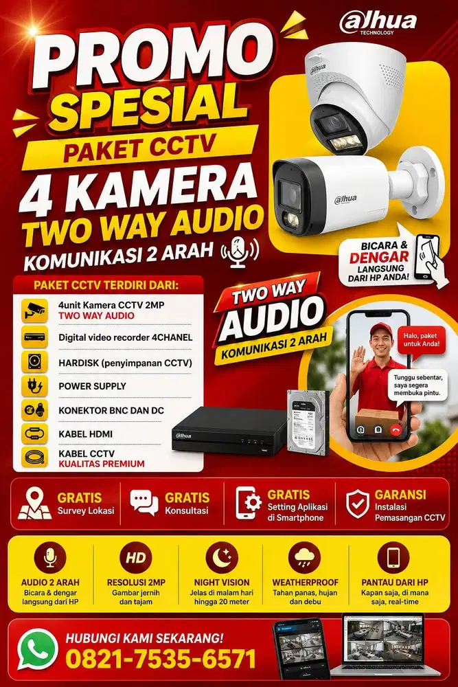 Paket CCTV Dahua TWO WAY Audio 2MP 4 Kamera Gratis biaya pasang