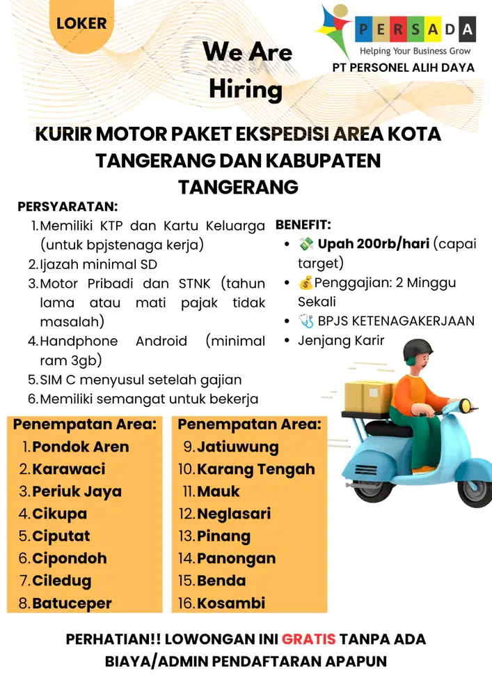 LOWONGAN KERJA KURIR MOTOR PAKET EKSPEDISI AREA KOTA/KAB TANGERANG