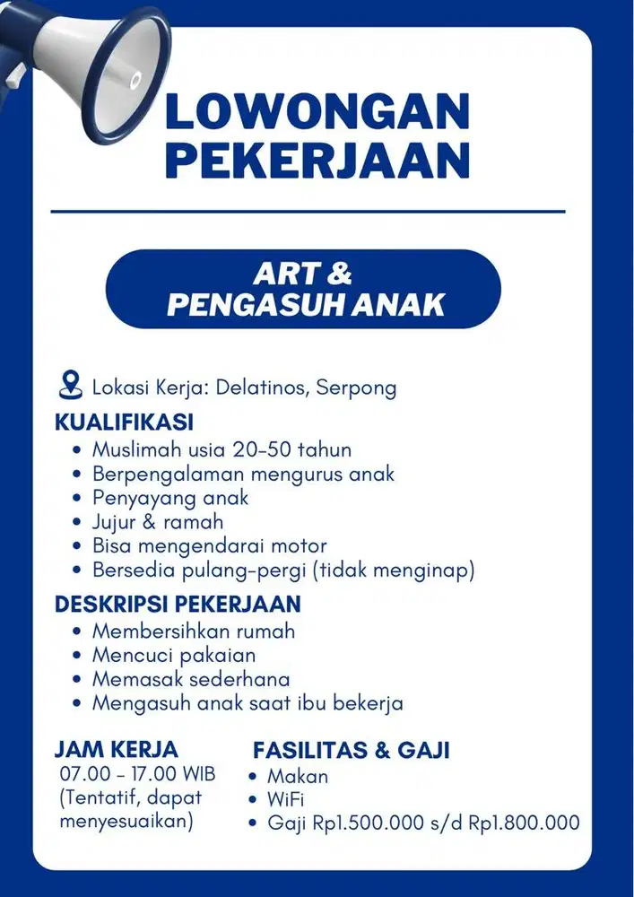 Lowongan Pekerjaan ART + Pengasuh Anak