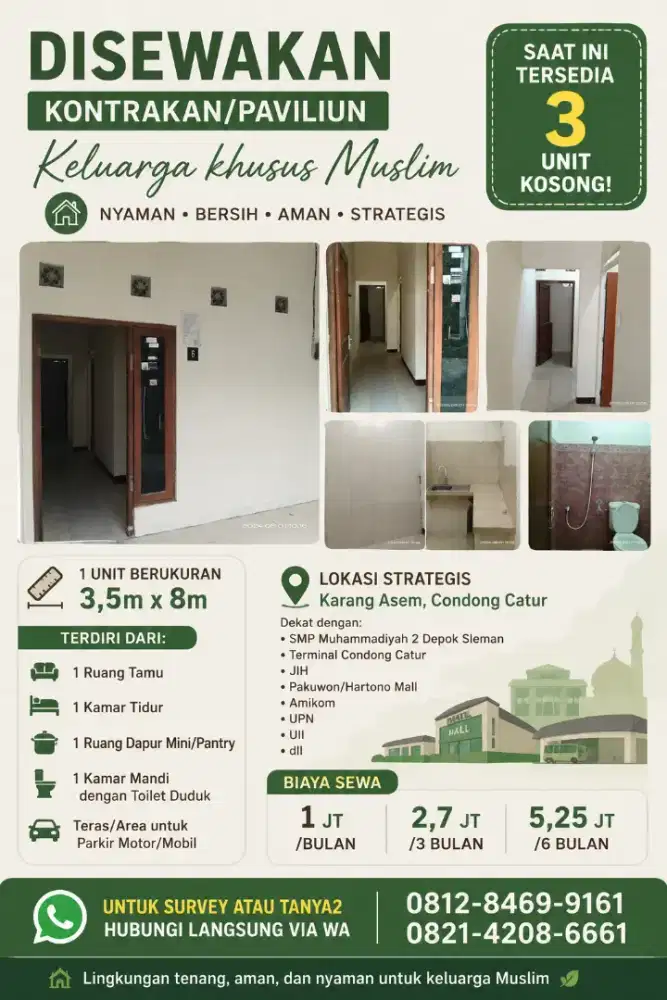 Disewakan Kontrakan/Paviliun Keluarga Lokasi Strategis Condong Catur