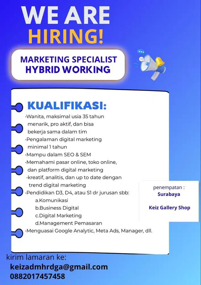 DIBUTUHKAN SEGERA MARKETING SPECIALIST (HYBRID WORKING)