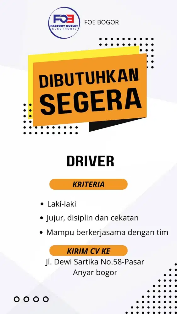 DIBUTUHKAN DRIVER UNTUK TOKO ELEKTRONIK