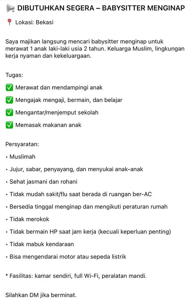 DIBUTUHKAN SEGERA - BABYSITTER MENGINAP