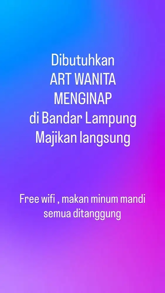 Dicari ART WANITA Menginap di Bandarlampung