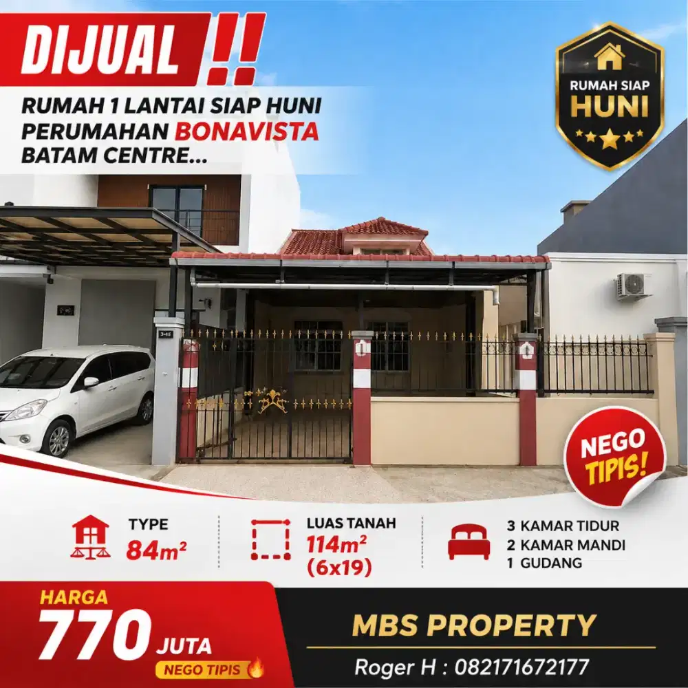 DIJUAL
Rumah 1 Lantai Siap Huni Perumahan BONAVISTA Batam Centre