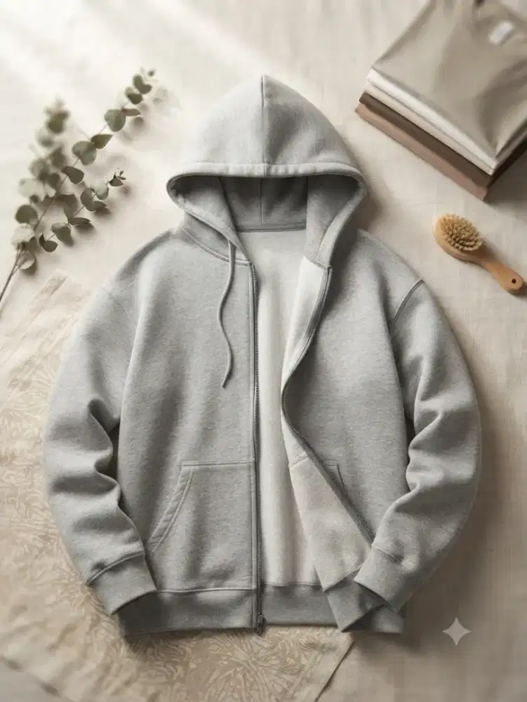 Jaket Hoodie Zipper Abu-Abu Polos Size Besar XL / XXL