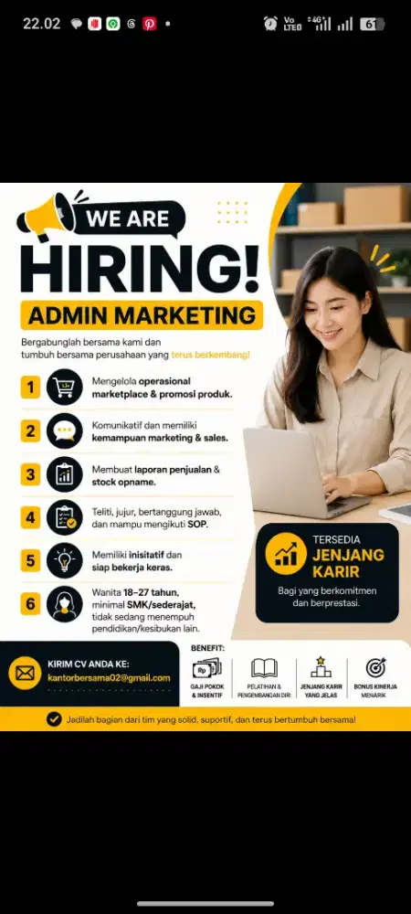 DICARI ADMIN MARKETING DENGAN BONUS MENARIK