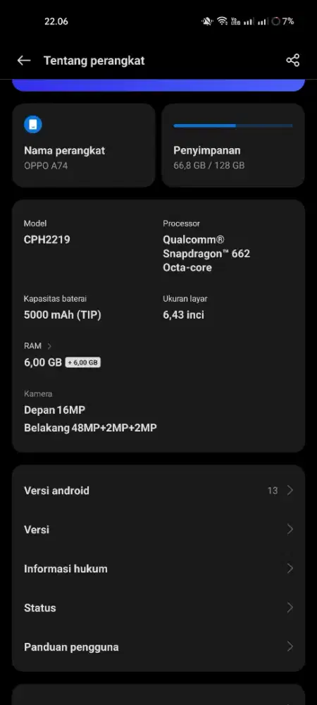 OPPO A74 RAM 6+6/128,, KONDISI AMAN SEMUA